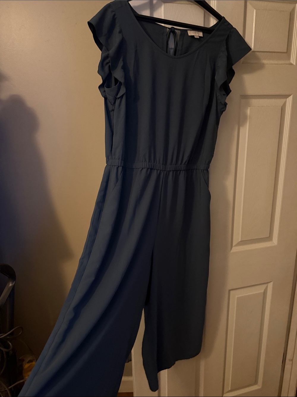 Loft Women’s Navy Cropped Romper with Ruffle Cap Sleeves